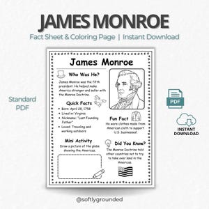 Puede incluir: Hoja informativa y página para colorear imprimible en blanco y negro sobre James Monroe, el quinto presidente de EE. UU. Incluye datos, un retrato y una mini-actividad. Presenta el texto "James Monroe" y "Descarga instantánea."