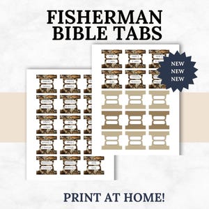 以下が含まれることがあります： 上部に「FISHERMAN BIBLE TABS」というテキストが入った聖書タブの2枚のシート。1枚のシートには聖書の書名が書かれたタブがあり、もう1枚には空白のタブがあります。「PRINT AT HOME!」というテキストが一番下にあります。