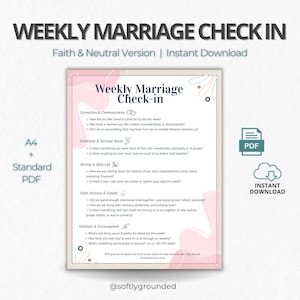 Op de afbeelding: Een afdrukbaar PDF-document getiteld "Wekelijkse Huwelijks Check-in" met een roze en wit ontwerp. Het document bevat secties over communicatie, emotionele behoeften, dagelijks leven, intimiteit en dankbaarheid. Direct downloaden.