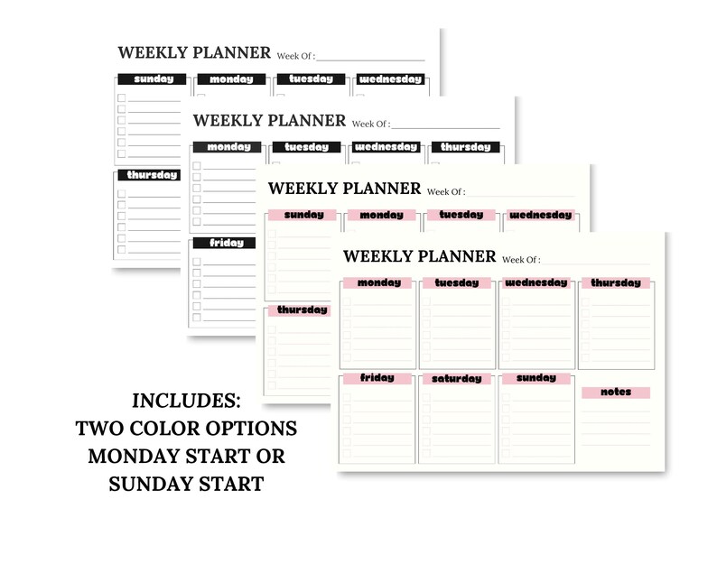 Weekly Plan Text Minimalist Weekly Planner PDF: Pink or Black & White, Monday/sunday ...