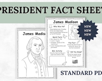 Può includere: Due schede informative stampabili in bianco e nero su James Madison, il 4° presidente degli Stati Uniti. I fogli includono un ritratto, fatti veloci, una mini attività e un fatto divertente. Il testo "President Fact Sheet" è in alto.