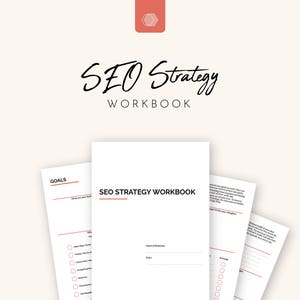 May include: A white SEO Strategy Workbook with a red line and the text "SEO Strategy Workbook" on the cover. The workbook includes sections for goals, website audit, keyword research, content strategy, technical SEO, and more.