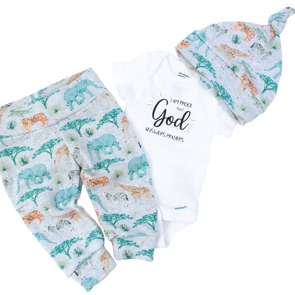 Baby Boy Coming Home Outfit / infant boy safari clothes, newborn boy outfit for hospital, God answers prayer onesie, baby dedication gift