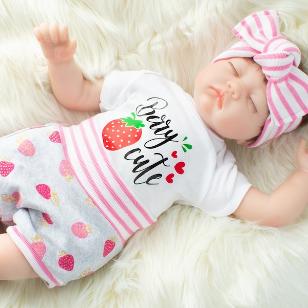 Strawberry Shirt and Bummies Set/ baby girl bloomer, strawberry short, berry first birthday, newborn summer outfit with pink stripe headband