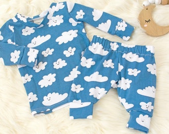 2 piece blue Sky and Cloud Cotton Playwear Set / boys play wear, kids summer clothes, newborn sleeper for baby boy and girl, cloud pants