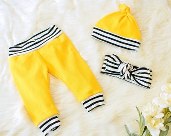 Yellow coming home outfit set for newborn / preemie girl clothes, baby leggings, premature baby gift, infant hospital top knot hat with pant