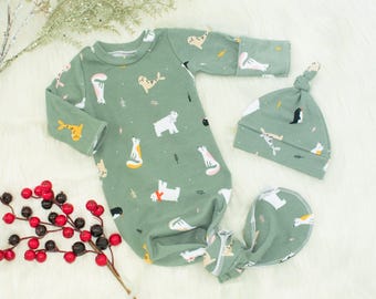 Coming Home-outfit winterbabyjongen / Kerstgroene geknoopte jurk met dierendieren en hoed, kledingset pasgeboren meisje, uniseks baby kerstpyjama