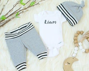 custom name gray clothing set / infant boy clothes, unisex harem pants, newborn hospital hat, gender neutral coming home outfit, minimalist