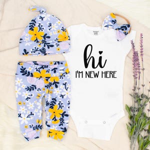 Baby Girl Coming Home Outfit / hi I&#39;m new here bodysuit, newborn blue floral clothing set, cute infant hospital outfit, preemie girl clothes