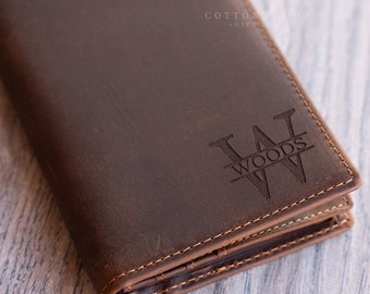 Personalized Long Leather Wallet, Engraved Father's Day Day Gifts for Him, Mens Leather Bifold Wallet, Brown RFID Wallet, Gifts for Dad