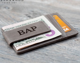 Personalized Gray Leather Money Clip, Slim Front Pocket Wallet, Custom Engraved Magnetic Cash Holder