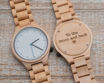 Engraved Mens Wooden Watch, Stylish Minimalist Durable Wristwatch, Modern Eye-Catching Maple Wood Timepiece, Unique Analog Watch for Man