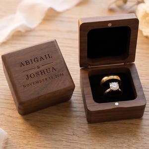Engraved Walnut Double Ring Box - Personalized Wedding Ceremony & Engagement Ring Holder