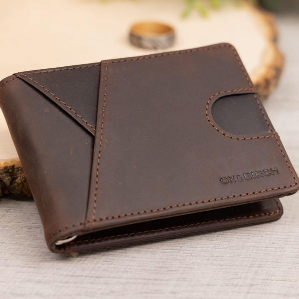 Mens Personalized Slim Leather Wallet With Money Clip, RFID Blocking Card Holder