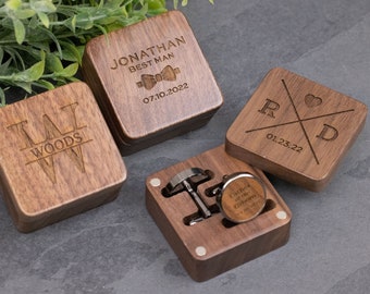 Engraved Wood Cufflinks With Square Gift Box, Wedding Day Cuff links Father of the Groom Bride Groomsmen, Best man, 5th Anniversary Gift