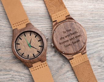 Personalized Mens Wooden Watch, Engraved Leather Band, Gift for Him