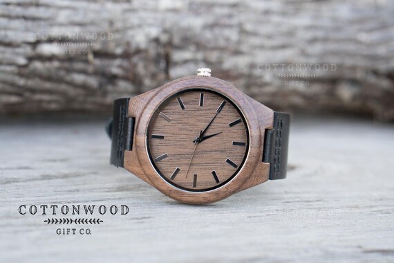 Engraved Wood Watch, Leather Band, Personalized Anniversary Gift