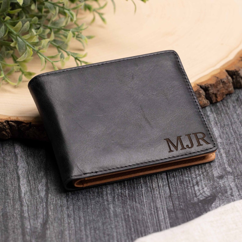 Mens Genuine Black Leather Wallet RFID, Anniversary Gifts for Him, Unique Engraved Christmas Gift for Boyfriend, Husband, Brother, Uncle image 1