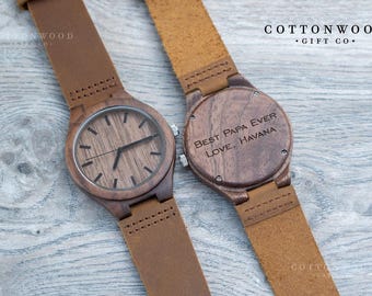 Personalized Engraved Wood Watch, Leather Band, Father's Day Gift for Men