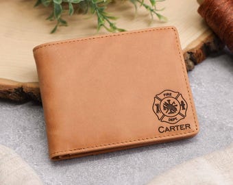 Personalized Firefighter Gift: Engraved Leather Wallet for Men