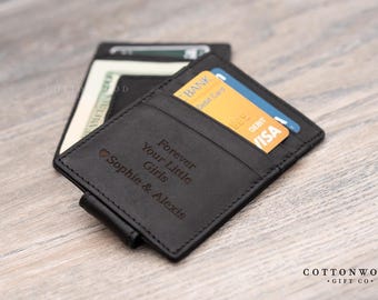 Engraved Black Leather Money Clip Wallet • Personalized Mens Gift
