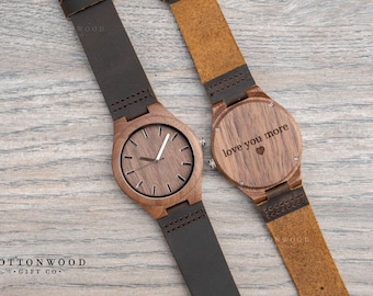 Mens Wooden Watch, Engraved Leather Band, Personalized Father's Day Gift for Guys