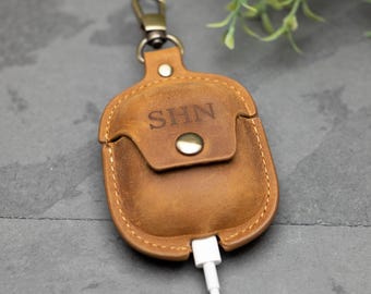 Personalized Leather AirPods Case: Cowhide AirPod Holder Keychain