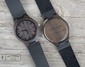 Personalized Engraved Wooden Watch, Leather Band, Gift for Him