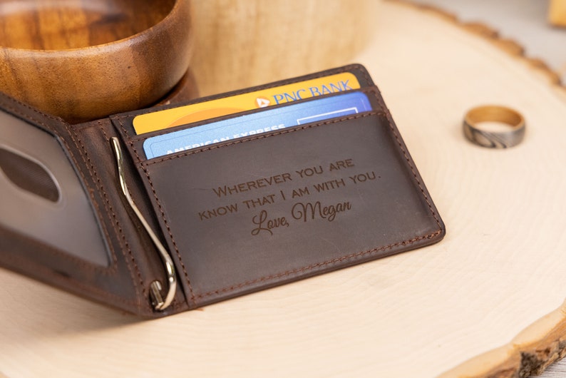 Mens Personalized Slim Leather Wallet, Money Clip, Gifts for Man, Anniversary Gifts for Dad, Money Clip, Husband Gift, RFID Mens Wallet image 4