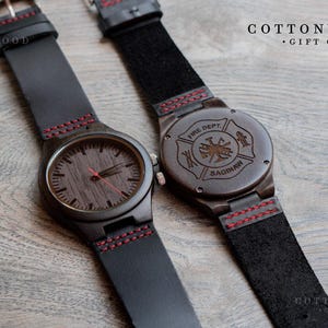 Firefighter Gift: Engraved Wooden Watch with Leather Band