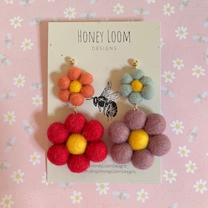 Rainbow Daisy Dangle Earrings | Honey Loom Designs | Needle Felted Earrings