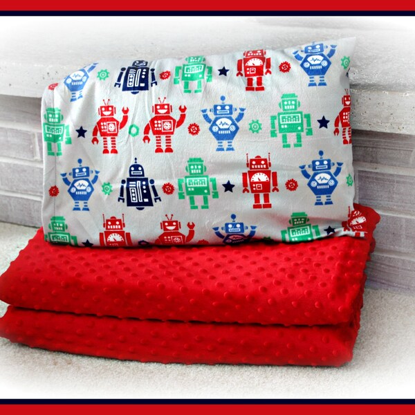 Sale!! Red Minky Nap Mat Cover & ROBOTS Travel Sized Pillowcase - Kindermat Cover - Preschool - Daycare - Kindergarten
