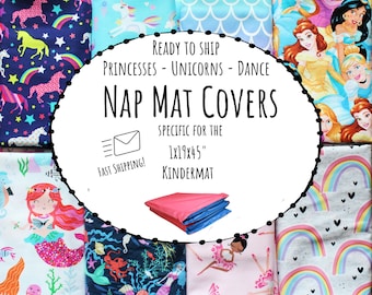 May include: Nap mat covers with various patterns, including princesses, unicorns, and rainbows. The covers are designed to fit a 1x19x45 inch Kindermat. The image also includes the text "Ready to Ship" and "Fast Shipping!"