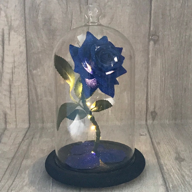 Beauty /& The Beast Enchanted birthday gift, Royal Blue wedding centrepiece Mother/'s Day Inspired Rose Dome Light