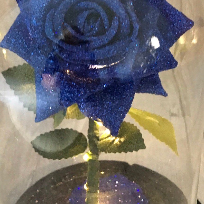 Beauty /& The Beast Enchanted birthday gift, Royal Blue wedding centrepiece Mother/'s Day Inspired Rose Dome Light