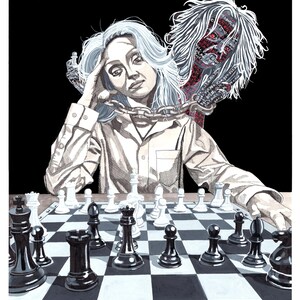 May include: An illustration of a person playing chess, with a chain around their neck. The person is wearing a white button-down shirt and has white hair. A second figure looms behind them. The chess board is in focus.