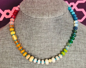 Mothers Day gift, Rainbow Gemstone Necklace, Colorful Jewelry, candy semiprecious pearls gold chain, y2k quartz crystal trendy