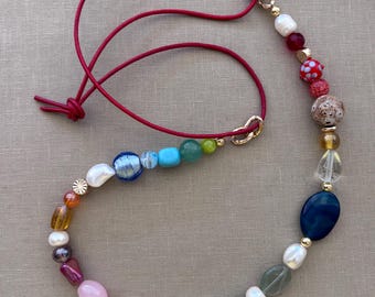 Colorful bold glass freshwater pearl gold crystals necklace leather summer jewelry modern statement jewelry layered long adjustable birthday