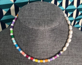 Summer Fun Colorful Half Freshwater Pearl Necklace gold jewelry modern happy lucky all good y2k trendy coconut girl martha boho aesthetic