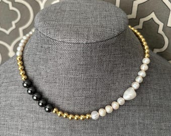 18k gold filled beaded hematite baroque pearl necklace colorblock modern jewelry 30th 40th 50th birthday gift wedding bridesmaid present y2k