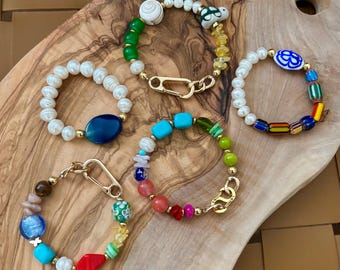 Bold summer bracelets summer jewelry birthday gift mothers day gemstone crystals 18k gold filled turquoise freshwater pearls healing stones