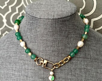Modern bold pearl jade green necklace  unique jewelry wedding birthday gift bridesmaid gold crystals freshwater customization personalized