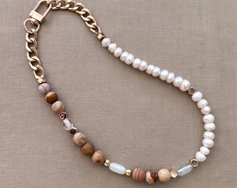 Modern Pearl half gemstone freshwater glass necklace wedding bridesmaid organic natural stone wood birthday mothers anniversary 50th gift