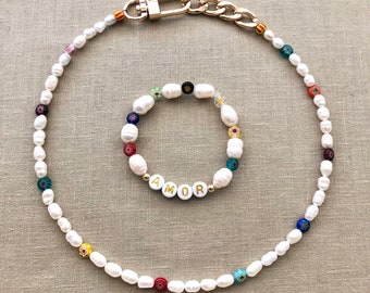 Personalized Mothers Day jewelry gift Millefiori necklace Italian Real Pearl Birthday Graduation Wedding Bridesmaid bracelet gold murano