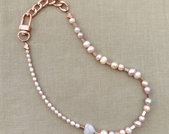 Modern Rose gold pink Valentines day hearts pearl necklace jewelry bracelet earrings gift custom bridesmaid birthday gift freshwater crystal