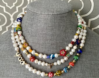 Custom Millefiori Italian glass jewelry real freshwater modern pearl necklace glass gold birthday wedding bridesmaid gift style venetian