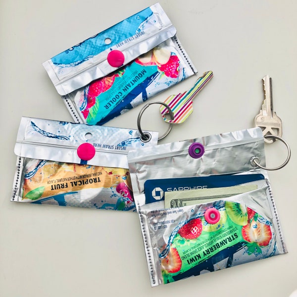 Recycled Wallet Earth Day Capri Sun Drink Pouch Kool Aid keychain upcycled repurposed eco friendly coin purse save the planet