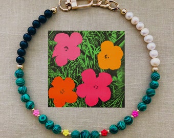 Pop art inspired nature flowers grass necklace jewelry pearls crystal birthday gift soup painting artist malachite charms