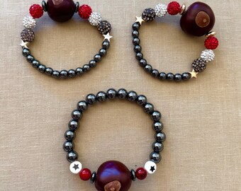 Ohio Buckeye Nut Bracelet: Hematite, Rhinestone, College Jewelry