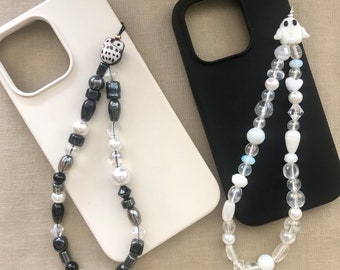 Black white glass phone charm strap faux pearls czech crystal onyx hematite accessory spring summer gift birthday mothers day fun trendy y2k